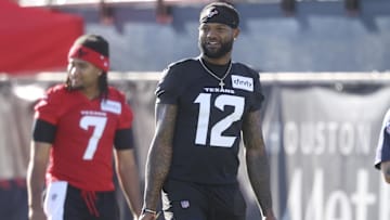 Jul 23, 2025; Houston, TX, USA;  Houston Texans wide receiver Nico Collins (12) during training camp at Houston Methodist Training Center. Mandatory Credit: Troy Taormina-Imagn Images