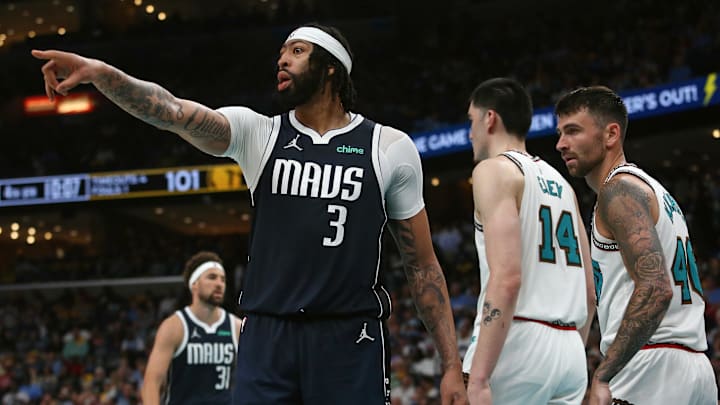 Apr 18, 2025; Memphis, Tennessee, USA; Dallas Mavericks forward Anthony Davis (3) reacts during the third quarter against the Memphis Grizzlies at FedExForum. Mandatory Credit: Petre Thomas-Imagn Images