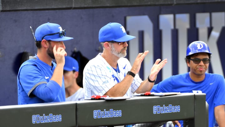 Jun 7, 2025; Durham, NC, USA;  Duke Blue Devils head coach Chris Pollard reacts to Blue Devils play against the Murray State Racers in the second inning. Mandatory Credit: Zachary Taft-Imagn Images