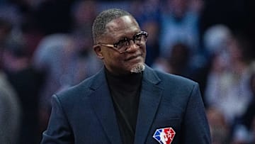 February 19, 2022; Cleveland, OH, USA; NBA great Dominique Wilkins during the Slam Dunk Contest during the 2022 NBA All-Star Saturday Night at Rocket Mortgage Field House. Mandatory Credit: Kyle Terada-Imagn Images