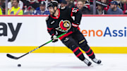 Apr 24, 2025; Ottawa, Ontario, CAN; Ottawa Senators left wing David Perron (57) skates with the puck in game three of the first round of the 2025 Stanley Cup Playoffs against the Toronto Maple Leafs at Canadian Tire Centre. Mandatory Credit: Marc DesRosiers-Imagn Images