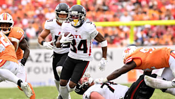 Oct 27, 2024; Tampa, Florida, USA; Atlanta Falcons wide receiver Ray-Ray McCloud III (34) runs the ball  in the second half against the Tampa Bay Buccaneers at Raymond James Stadium.