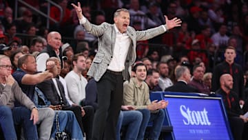 Nov 8, 2025; New York, New York, USA; Alabama Crimson Tide head coach Nate Oats reacts to a call in the second half against the St. John's Red Storm at Madison Square Garden. Mandatory Credit: Wendell Cruz-Imagn Images