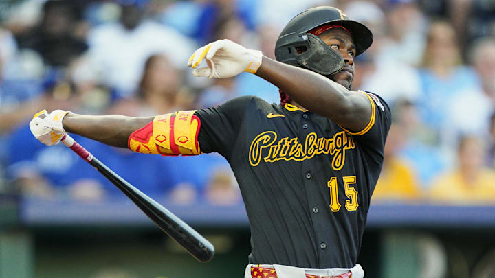 Jul 8, 2025; Kansas City, Missouri, USA; Pittsburgh Pirates center fielder Oneil Cruz (15) hits a home run during the fifth inning against the Kansas City Royals at Kauffman Stadium. Mandatory Credit: Jay Biggerstaff-Imagn Images Jul 8, 2025; Kansas City, Missouri, USA; Pittsburgh Pirates center fielder Oneil Cruz (15) hits a home run during the fifth inning against the Kansas City Royals at Kauffman Stadium. Mandatory Credit: Jay Biggerstaff-Imagn Images