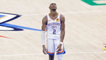 Oklahoma City Thunder guard Shai Gilgeous-Alexander looks on against the Indiana Pacers during the 2025 NBA Finals.