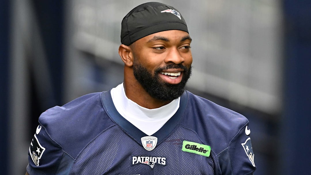 New England Patriots linebacker K'Lavon Chaisson (44) walks to the practice fields at Gillette Stadium.