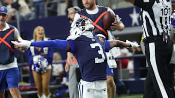 Dallas Cowboys wide receiver George Pickens celebrates after a successful two-point conversion against the Kansas City Chiefs