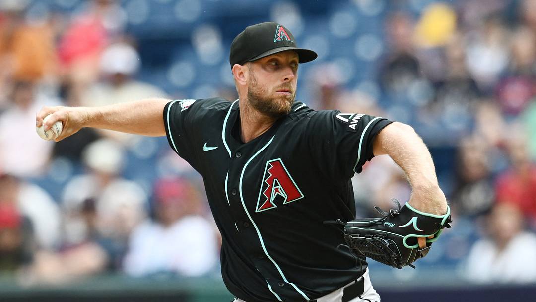 Aug 2, 2026; Cleveland, Ohio, USA; Arizona Diamondbacks pitcher Merrill Kelly (29) throws a pitch during the first inning against the Cleveland Guardians at Progressive Field. Mandatory Credit: Ken Blaze-Imagn Images