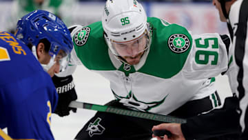 Oct 22, 2024; Buffalo, New York, USA;  Dallas Stars center Matt Duchene (95) waits for the face-off against Buffalo Sabres center Dylan Cozens (24) during the first period at KeyBank Center. Mandatory Credit: Timothy T. Ludwig-Imagn Images