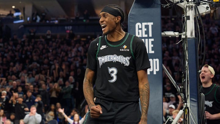 Apr 25, 2026; Minneapolis, Minnesota, USA; Minnesota Timberwolves forward Jaden McDaniels (3) reacts to being called for a foul against the Denver Nuggets in the fourth quarter at Target Center. Mandatory Credit: Matt Blewett-Imagn Images