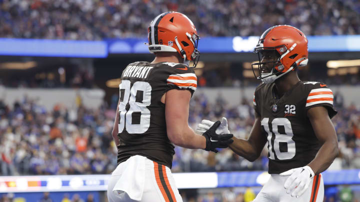 Dec 3, 2023; Inglewood, California, USA; Cleveland Browns tight end Harrison Bryant (88) celebrates with Cleveland Browns wide receiver David Bell (18) after scoring a touchdown in the second half in a game against the Los Angeles Rams at SoFi Stadium. 