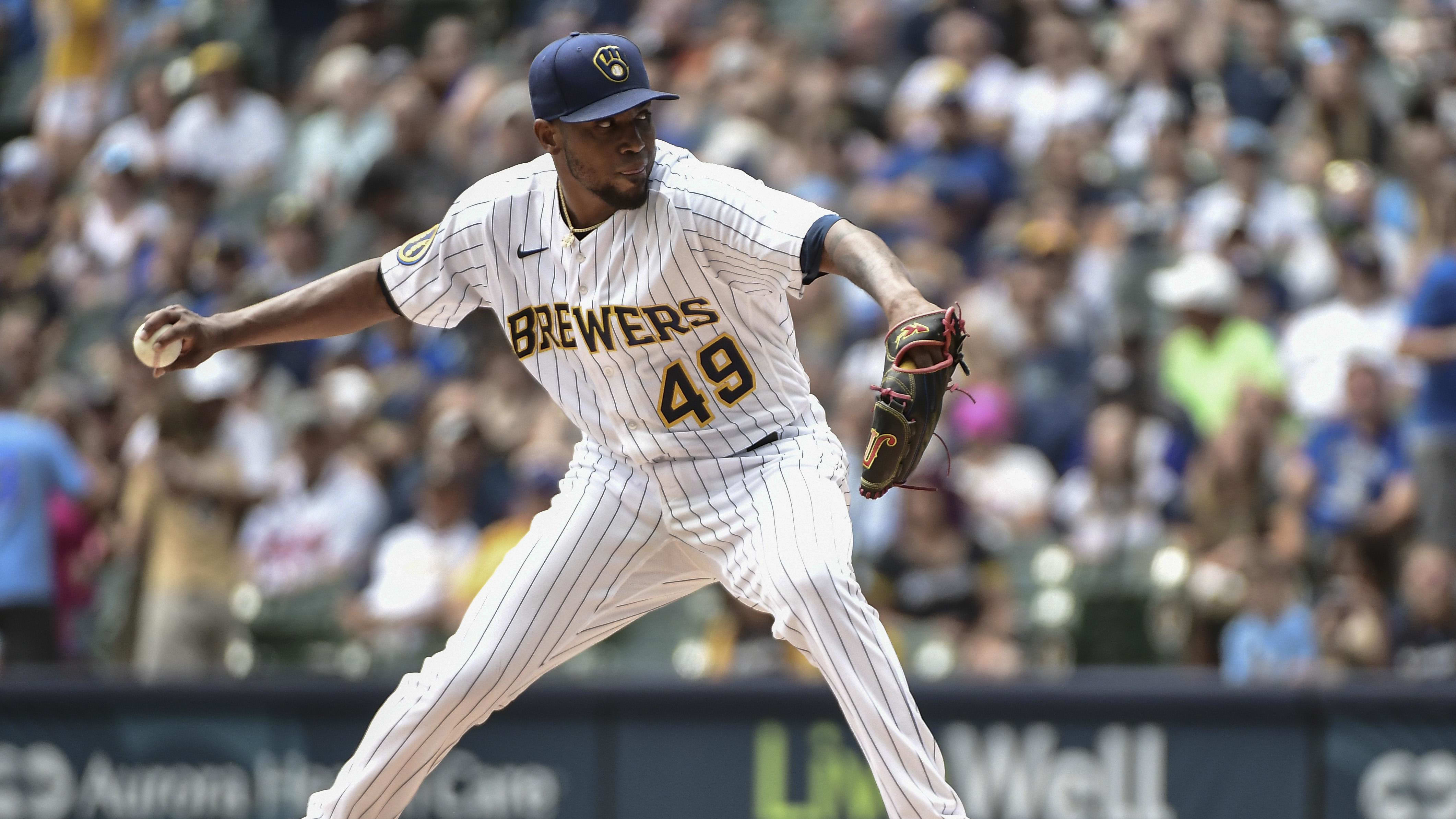 Jul 23, 2023; Milwaukee, Wisconsin, USA; Milwaukee Brewers pitcher Julio Teheran (49) throws a pitch.