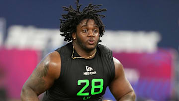 Mar 2, 2025; Indianapolis, IN, USA; Missouri offensive lineman Armand Membou (OL28) during the 2025 NFL Scouting Combine at Lucas Oil Stadium. Mandatory Credit: Kirby Lee-Imagn Images