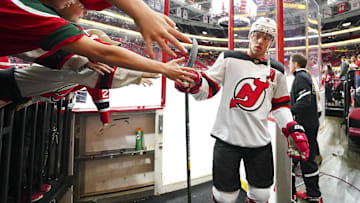 New Jersey Devils left wing Taylor Hall (9) comes off the ice. Mandatory Credit: James Guillory-Imagn Images