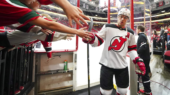 New Jersey Devils left wing Taylor Hall (9) comes off the ice. Mandatory Credit: James Guillory-Imagn Images
