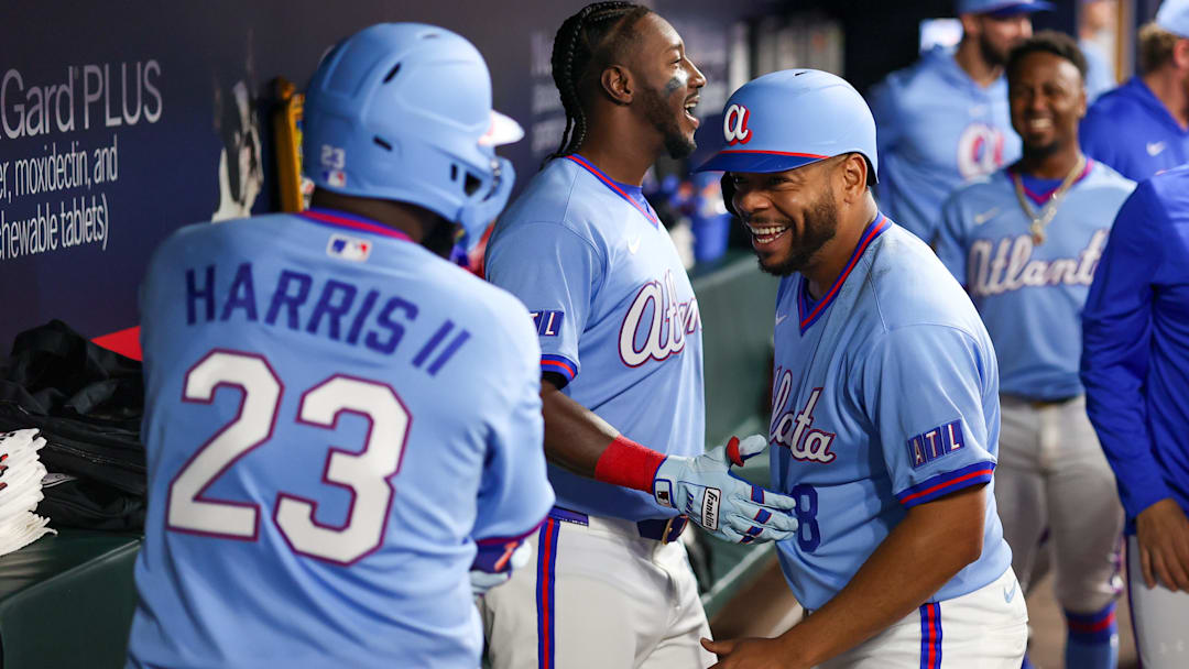 Apr 10, 2026; Atlanta, Georgia, USA; Atlanta Braves center fielder Michael Harris II (23) celebrates awith designated hitter Dominic Smith (8) after a two-run home run against the Cleveland Guardians in the sixth inning at Truist Park. Mandatory Credit: Brett Davis-Imagn Images
