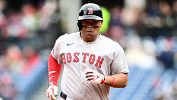Apr 26, 2025; Cleveland, Ohio, USA; Boston Red Sox designated hitter Rafael Devers (11) rounds the bases after hitting a home run during the third inning against the Cleveland Guardians at Progressive Field. Mandatory Credit: Ken Blaze-Imagn Images