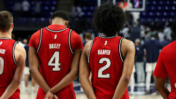 Jan 20, 2025; University Park, Pennsylvania, USA; Rutgers Scarlet Knights guard Dylan Harper (2) and guard/forward Ace Bailey (4) stand on the court prior to the game against the Penn State Nittany Lions at Bryce Jordan Center. Mandatory Credit: Matthew O'Haren-Imagn Images