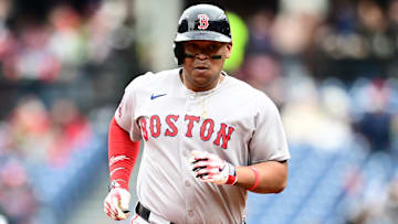 Apr 26, 2025; Cleveland, Ohio, USA; Boston Red Sox designated hitter Rafael Devers (11) rounds the bases after hitting a home run during the third inning against the Cleveland Guardians at Progressive Field. Mandatory Credit: Ken Blaze-Imagn Images