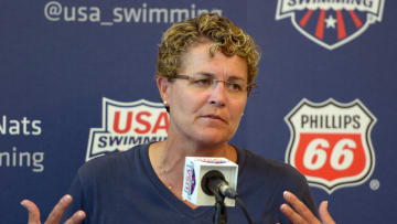 Teri McKeever at press conference at the 2014 USA National Championships 