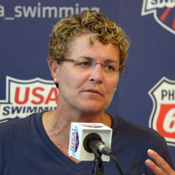 Teri McKeever at press conference at the 2014 USA National Championships 