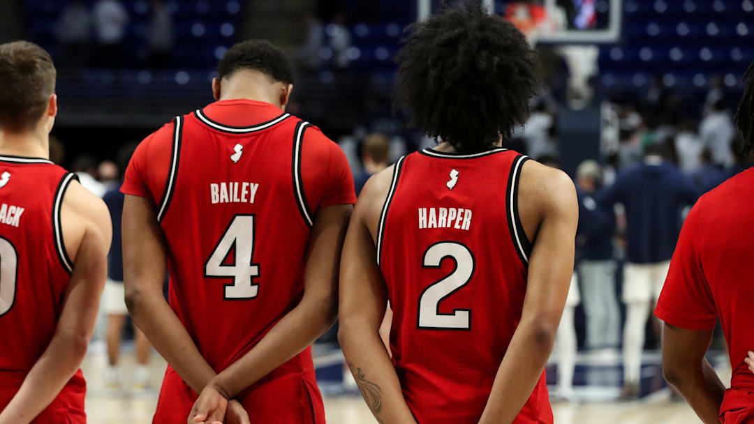 Jan 20, 2025; University Park, Pennsylvania, USA; Rutgers Scarlet Knights guard Dylan Harper (2) and guard/forward Ace Bailey (4) stand on the court prior to the game against the Penn State Nittany Lions at Bryce Jordan Center. Mandatory Credit: Matthew O'Haren-Imagn Images