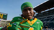 Oregon wide receiver Dakorien Moore celebrates the Ducks’ win as the Oregon Ducks host the Oklahoma State Cowboys on Sept. 6, 2025, at Autzen Stadium in Eugene, Oregon.