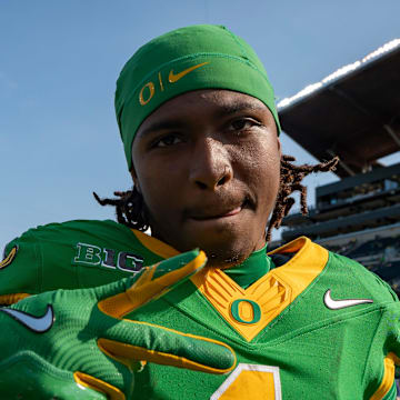 Oregon wide receiver Dakorien Moore celebrates the Ducks’ win as the Oregon Ducks host the Oklahoma State Cowboys on Sept. 6, 2025, at Autzen Stadium in Eugene, Oregon.