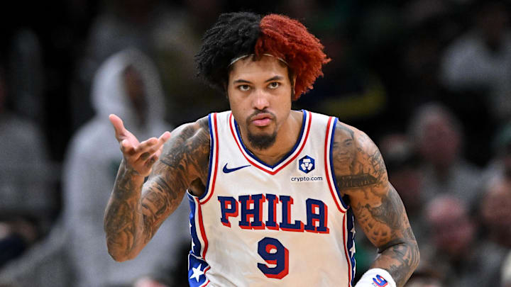 Apr 21, 2026; Boston, Massachusetts, USA; Philadelphia 76ers guard Kelly Oubre Jr. (9) reacts after making a three-point basket against the Boston Celtics in the second half of a game two of the first round of the 2026 NBA Playoffs at TD Garden. Mandatory Credit: Brian Fluharty-Imagn Images