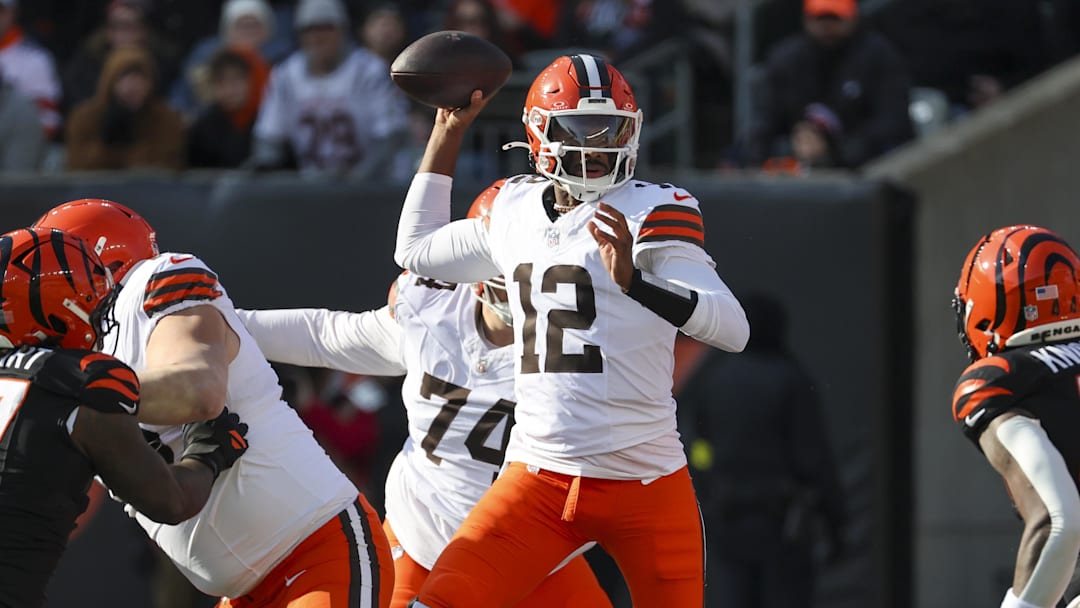 Jan 4, 2026; Cincinnati, Ohio, USA; Cleveland Browns quarterback Shedeur Sanders (12) passes against the Cincinnati Bengals during the first quarter at Paycor Stadium. Mandatory Credit: Joseph Maiorana-Imagn Images Jan 4, 2026; Cincinnati, Ohio, USA; Cleveland Browns quarterback Shedeur Sanders (12) passes against the Cincinnati Bengals during the first quarter at Paycor Stadium. Mandatory Credit: Joseph Maiorana-Imagn Images