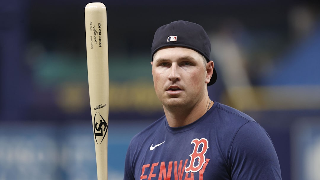 Oct 6, 2021; Tampa, Florida, USA; Boston Red Sox right fielder Hunter Renfroe (10) works out for ALDS workout day against the Tampa Bay Rays at Tropicana Field. Mandatory Credit: Kim Klement-Imagn Images