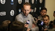Feb 9, 2023; Brooklyn, New York, USA;  Brooklyn Nets General Manager Sean Marks addresses the media prior to the game against the Chicago Bulls at Barclays Center. Mandatory Credit: Wendell Cruz-Imagn Images