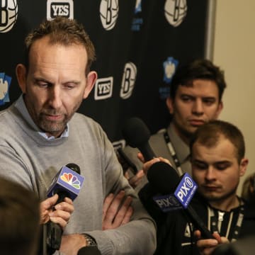 Feb 9, 2023; Brooklyn, New York, USA;  Brooklyn Nets General Manager Sean Marks addresses the media prior to the game against the Chicago Bulls at Barclays Center. Mandatory Credit: Wendell Cruz-USA TODAY Sports
