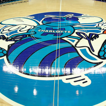 Jan 19, 2019; Charlotte, NC, USA; A detail view of the center court logo for Classic Night game between the Charlotte Hornets and the Phoenix Suns at Spectrum Center. Mandatory Credit: Jeremy Brevard-USA TODAY Sports