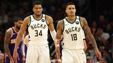 Milwaukee Bucks forward Kyle Kuzma and forward Giannis Antetokounmpo against the Phoenix Suns.