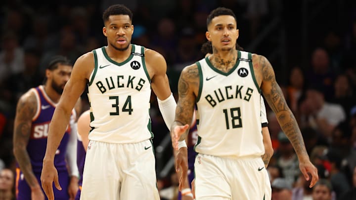Milwaukee Bucks forward Kyle Kuzma and forward Giannis Antetokounmpo against the Phoenix Suns.