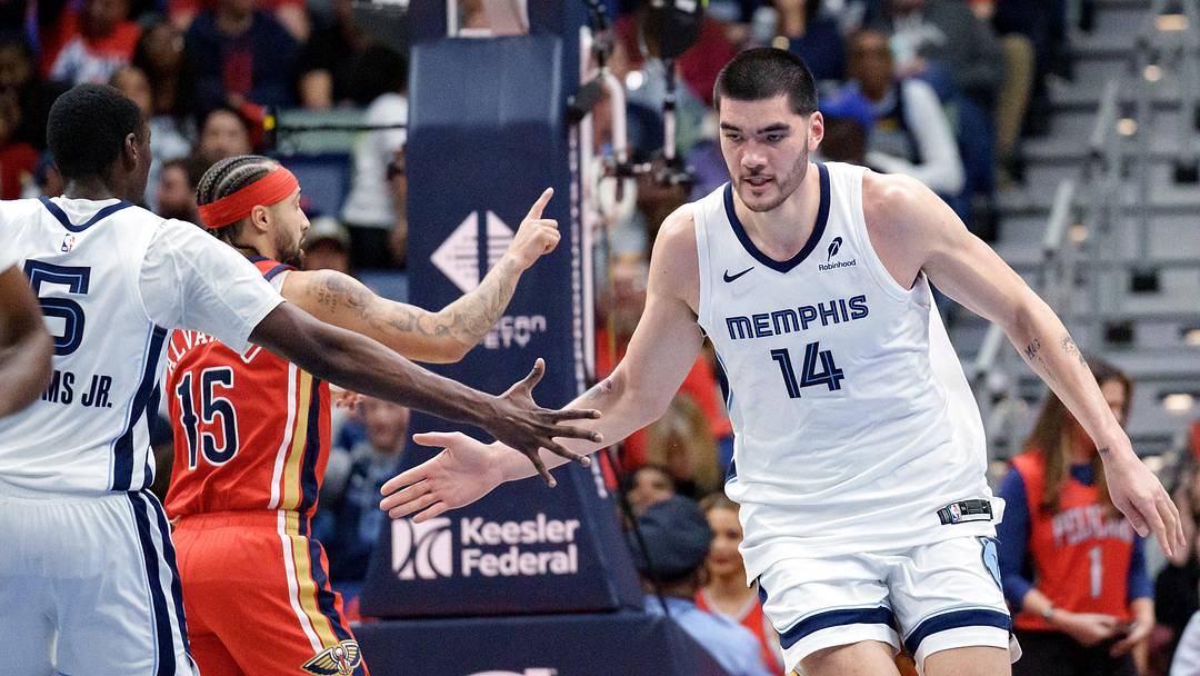 Nov 26, 2025; New Orleans, Louisiana, USA; Memphis Grizzlies center Zach Edey (14) celebrates a score with guard Vince Williams Jr. (5) against the New Orleans Pelicans during the second half at Smoothie King Center. Mandatory Credit: Matthew Hinton-Imagn Images Nov 26, 2025; New Orleans, Louisiana, USA; Memphis Grizzlies center Zach Edey (14) celebrates a score with guard Vince Williams Jr. (5) against the New Orleans Pelicans during the second half at Smoothie King Center. Mandatory Credit: Matthew Hinton-Imagn Images