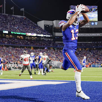 Oct 26, 2023; Orchard Park, New York, USA; Buffalo Bills wide receiver Gabe Davis (13) makes a catch for a touchdown against the Tampa Bay Buccaneers