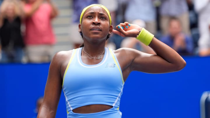 Aug 30, 2024; Flushing, NY, USA;  Coco Gauff (USA) after beating Elina Svitolina (UKR) on day five of the 2024 U.S. Open tennis tournament at USTA Billie Jean King National Tennis Center. 