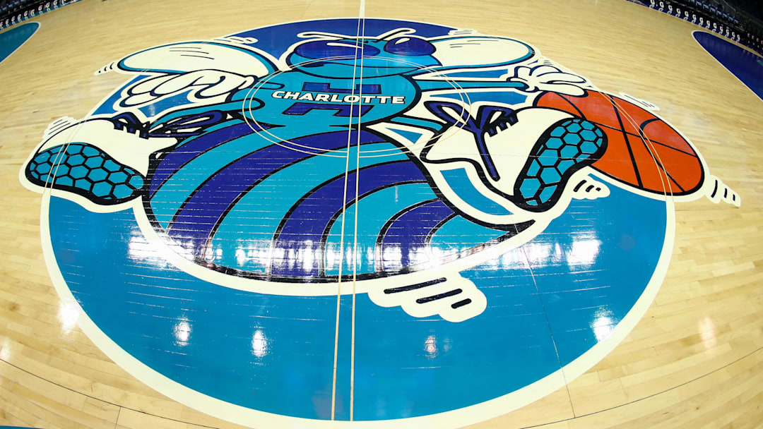 Jan 19, 2019; Charlotte, NC, USA; A detail view of the center court logo for Classic Night game between the Charlotte Hornets and the Phoenix Suns at Spectrum Center. Mandatory Credit: Jeremy Brevard-Imagn Images