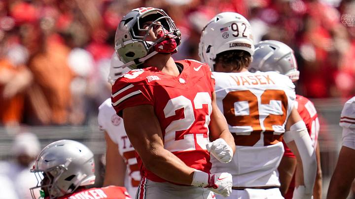 Ohio State Buckeyes linebacker Garrett Stover (23) celebrates during the second half of the NCAA football game against the Texas Longhorns at Ohio Stadium on Aug. 30, 2025. Ohio State won 14-7.
