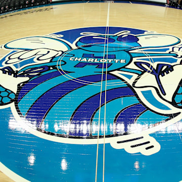 Jan 19, 2019; Charlotte, NC, USA; A detail view of the center court logo for Classic Night game between the Charlotte Hornets and the Phoenix Suns at Spectrum Center. Mandatory Credit: Jeremy Brevard-Imagn Images