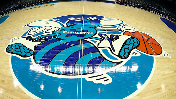 Jan 19, 2019; Charlotte, NC, USA; A detail view of the center court logo for Classic Night game between the Charlotte Hornets and the Phoenix Suns at Spectrum Center. Mandatory Credit: Jeremy Brevard-Imagn Images