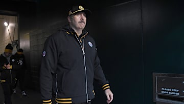 Dec 15, 2024; Philadelphia, Pennsylvania, USA; Pittsburgh Steelers offensive coordinator Arthur Smith in the tunnel against the Philadelphia Eagles at Lincoln Financial Field. Mandatory Credit: Eric Hartline-Imagn Images