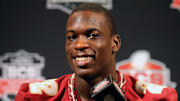 Jan 4, 2014; Newport Beach, CA, USA; Florida State Seminoles linebacker Telvin Smith (22) smiles as he answers questions during Media Day at Newport Beach Marriott. Mandatory Credit: Matthew Emmons-Imagn Images