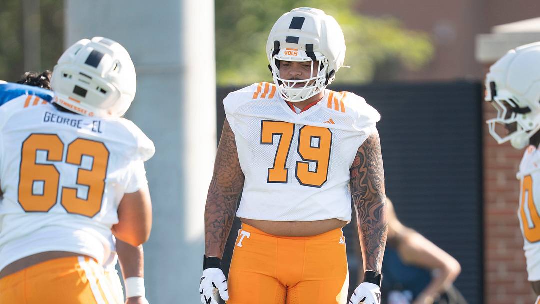 Tennessee offensive lineman Gabriel Osenda (79) during Tennessee football’s first preseason practice in Knoxville, Tennessee, Aug. 5, 2026.