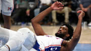 Nov 20, 2024; Memphis, Tennessee, USA; Philadelphia 76ers center Joel Embiid (21) reacts during the second half against the Memphis Grizzlies at FedExForum. Mandatory Credit: Petre Thomas-Imagn Images