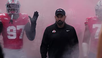 Ohio State Buckeyes head coach Ryan Day takes the field for the NCAA football game against the Penn State Nittany Lions at Ohio Stadium in Columbus on Nov. 1, 2025.