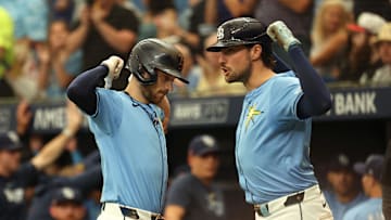 Aug 18, 2024; St. Petersburg, Florida, USA;  Tampa Bay Rays designated hitter Brandon Lowe (8) is congratulated by outfielder Josh Lowe (15) after he hit a 2-run home run against the Arizona Diamondbacks during the third inning at Tropicana Field. Mandatory Credit: Kim Klement Neitzel-Imagn Images