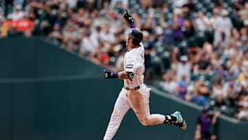 Aug 2, 2025; Denver, Colorado, USA; Colorado Rockies left fielder Jordan Beck (27) gestures as he rounds the bases on a three run home run in the sixth inning against the Pittsburgh Pirates at Coors Field. Mandatory Credit: Isaiah J. Downing-Imagn Images